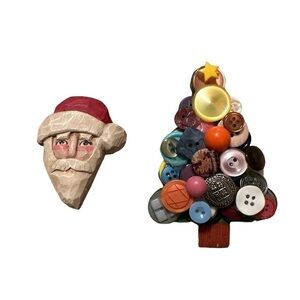 Handmade Vintage Button Christmas Tree and Carved Santa Pin